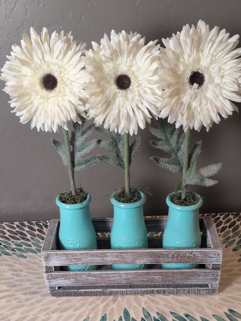 Home Accents Turquoise Vase Trio with White Faux Flowers & Wooden Crate